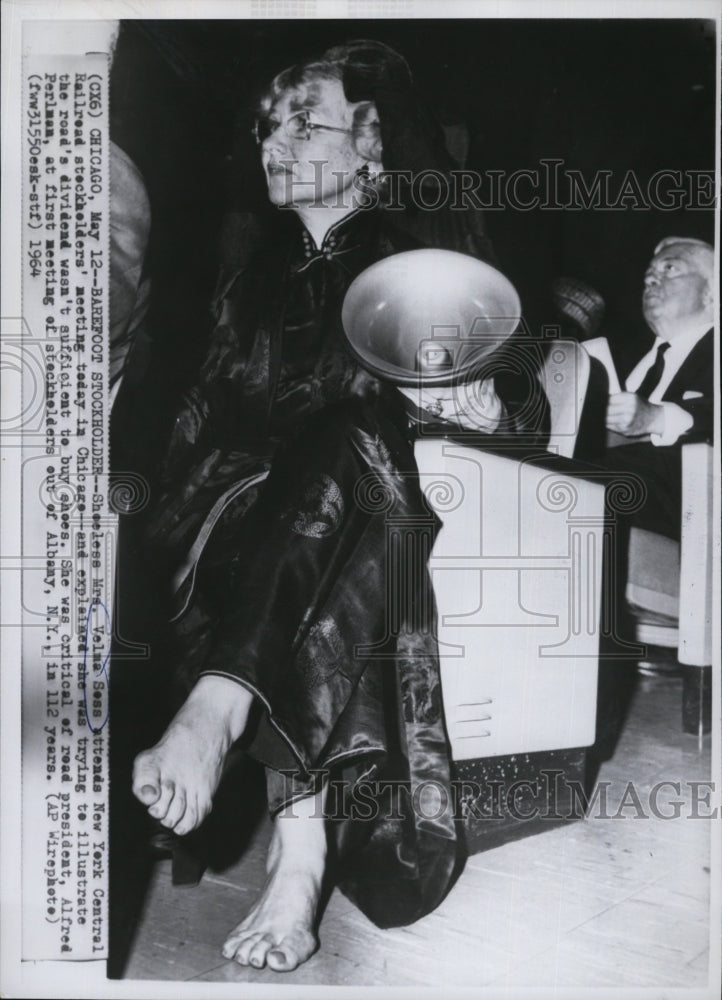 1964 Shoeless Mrs. Velma Sess wore no shoes to stockholders meeting.-Historic Images