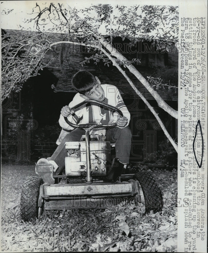 1968 Apollo 8 astronaut William Anders&#39; Son, Glen Anders lawn mowing - Historic Images