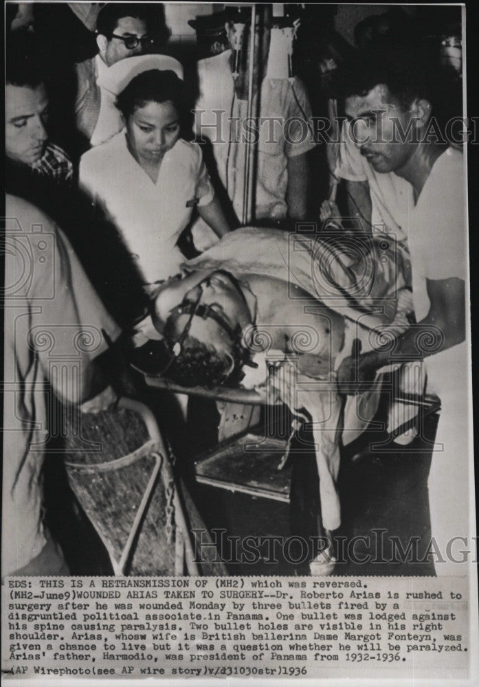 1936 Press Photo Roberto Arias Rushed To Surgery After Being Shot - Historic Images