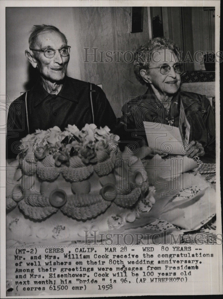 1958 Press Photo Mr &amp; Mrs William Cook Celebrate 80th Wedding Anniversary - Historic Images