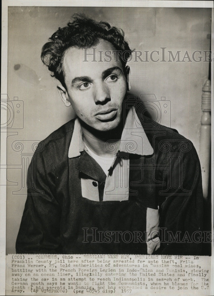 1957 Press Photo Car Thief Fritz Franz Werner in jail - Historic Images