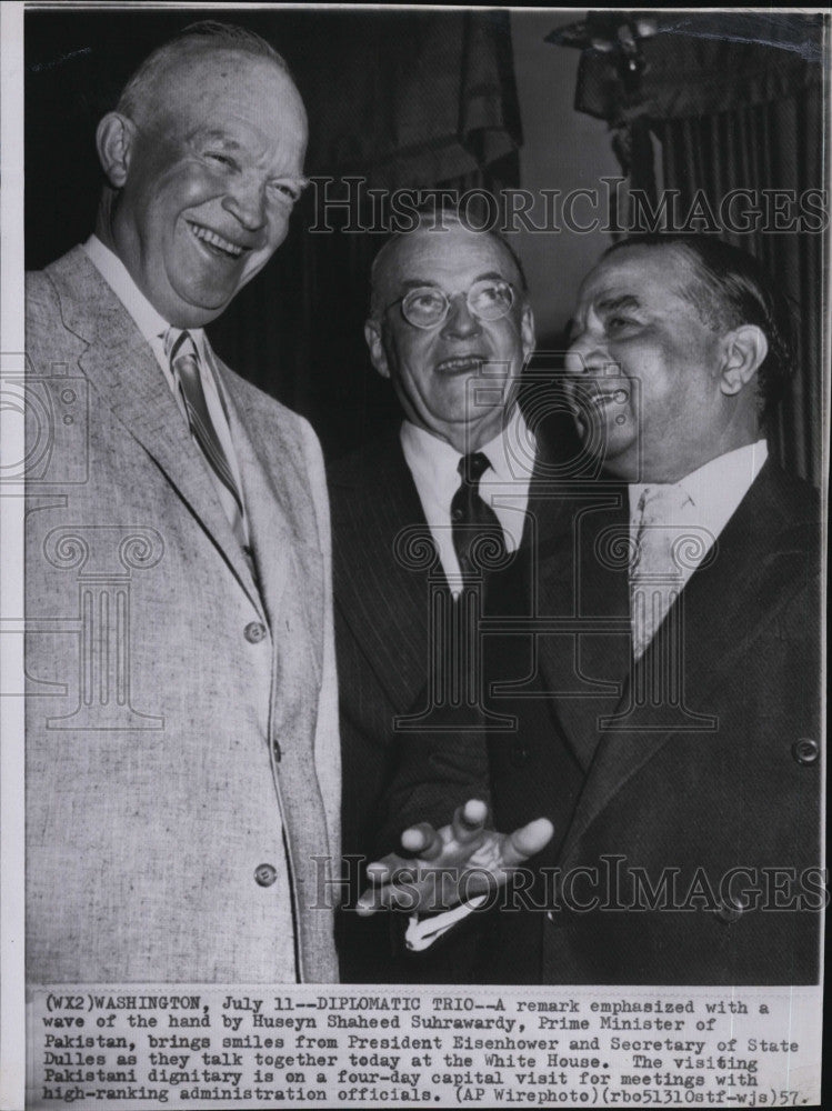 1957 Press Photo Pres. Eisenhower, Pakistan P.M. Suhrawardy, Sec of St Dulles - Historic Images