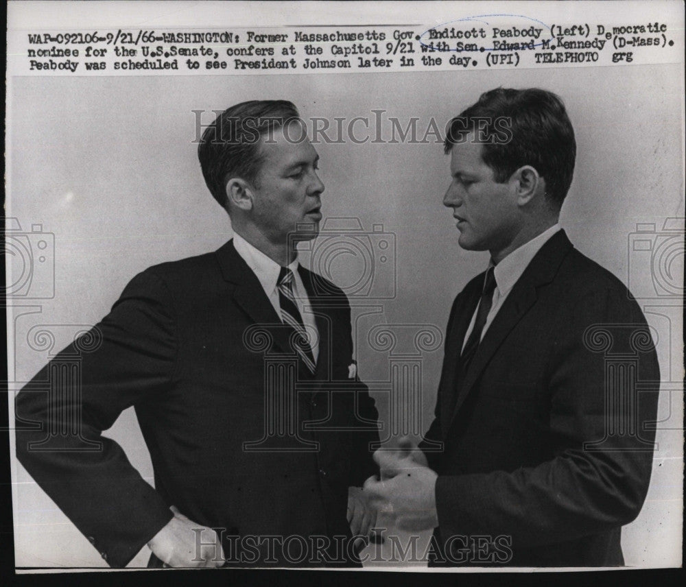 1966 Press Photo Former Gov. Endicott Peabody, Sen. Edward Kennedy - Historic Images