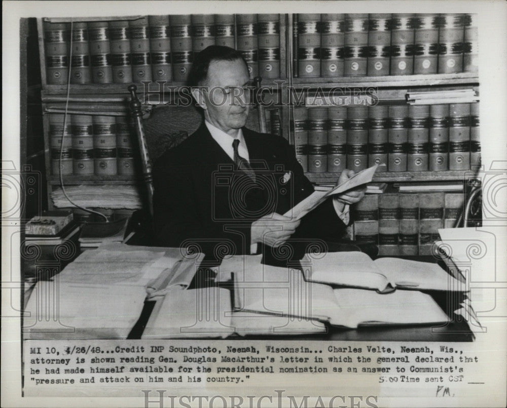 1948 Press Photo Charles Velte, attorney - Historic Images