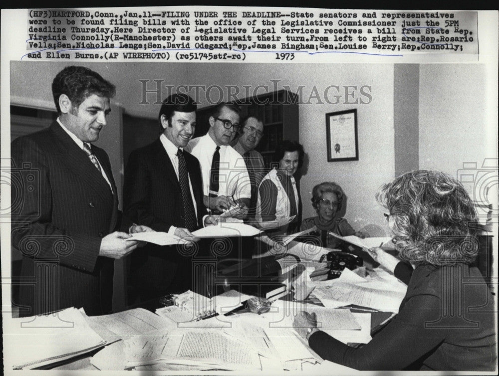 1973 Press Photo Rep. Virginia Connolly, Rep. R. Vella, Sen. N. Longe - Historic Images