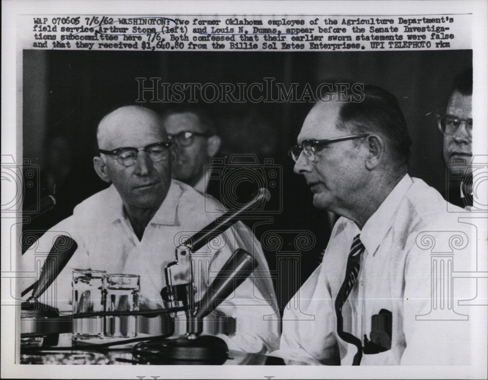 1962 Press Photo Arthur Stone and Louis Dumas in Senate Investigations Committee - Historic Images