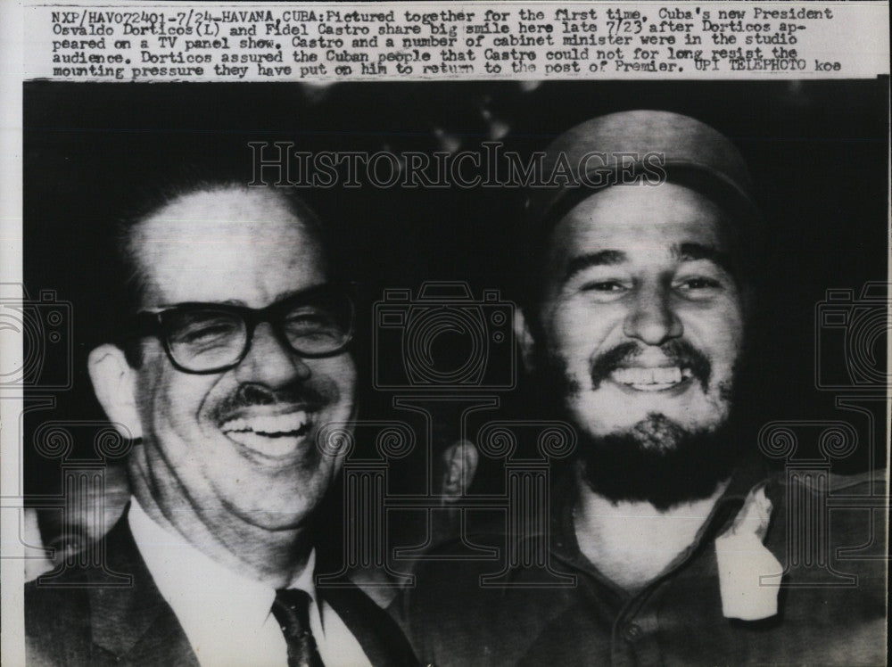 1959 Press Photo Cuban President Dorticos Premier Fidel Castro Smiling Havana - Historic Images