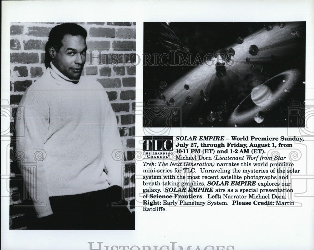 1990 Press Photo Michael Dorn &quot;hosts &quot;Solar Empire&quot; on TLC - Historic Images