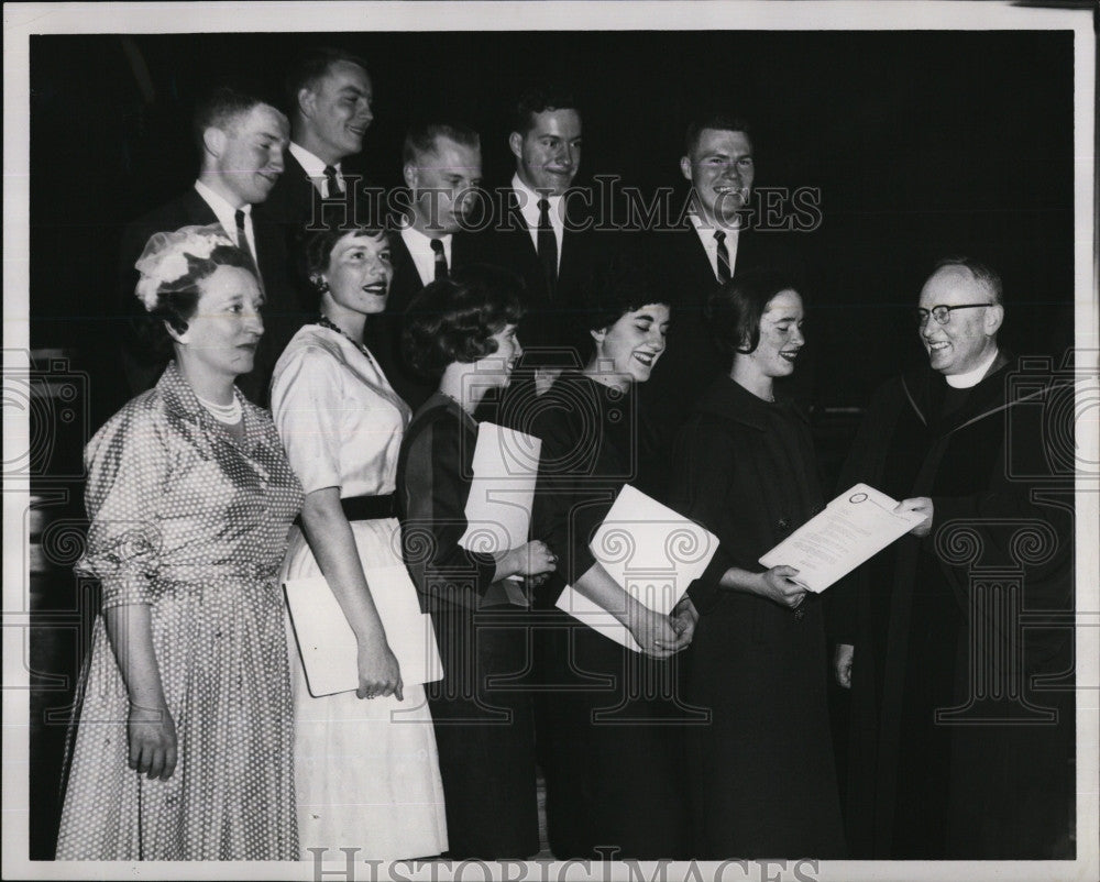 1961 Press Photo Boston U students,Dr Lewis,Gordes,Nold,Mugar,Mathes,Rev Tate, - Historic Images