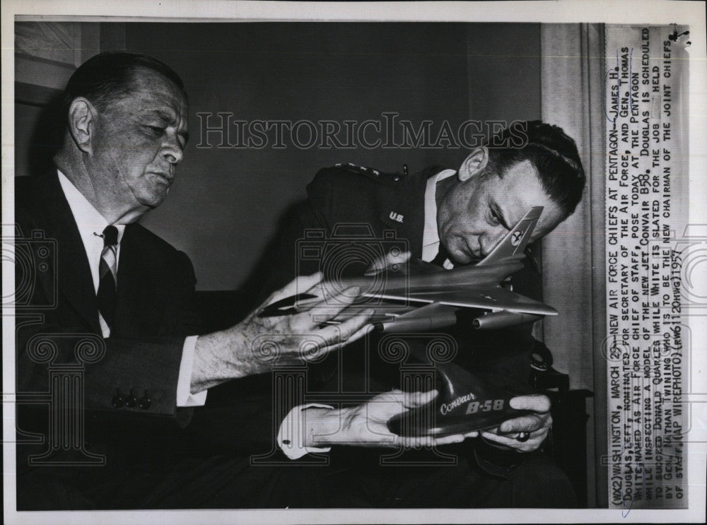 1957 Press Photo James Douglas and Gen. Thomas White with model Convair B58 jet - Historic Images