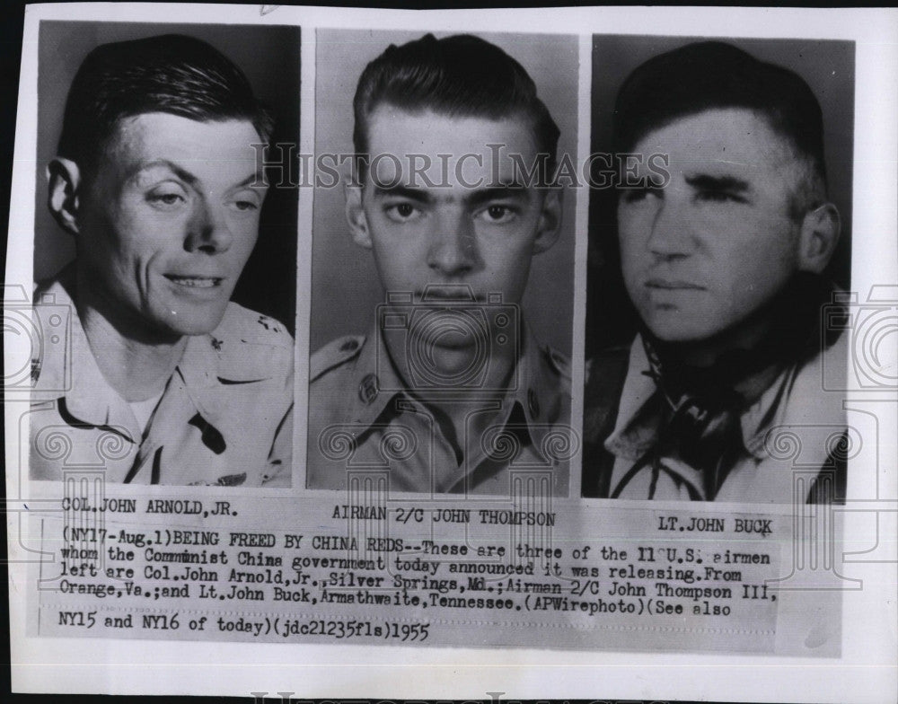 1955 Press Photo Freed by Chinese, Col J Arnold Jr, J Thompson III, Lt J Buck - Historic Images