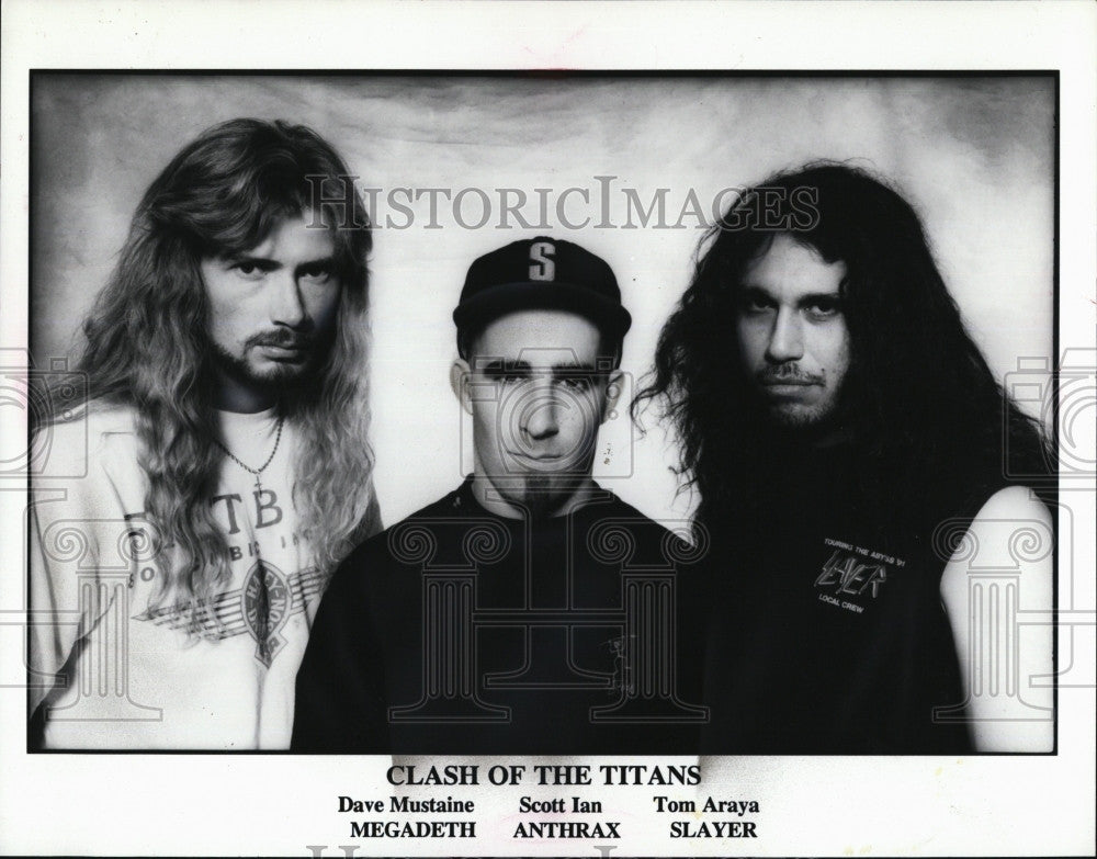 1991 Press Photo Clash of the Titans: D. Mustaine, S. Ian, T. Araya - Historic Images