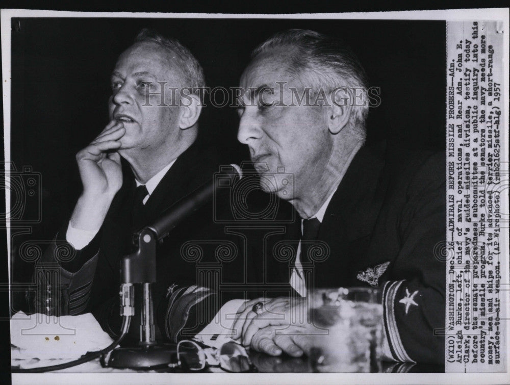 1957 Press Photo Adm.Arleigh Burke, chief of Naval Operation and Adm John Clark. - Historic Images