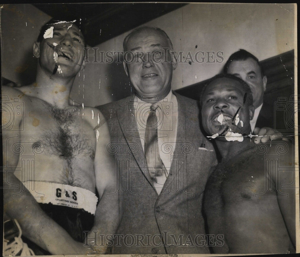 1958 Press Photo Jack Sharkey, heavyweight boxer &amp; Archie Moore - Historic Images