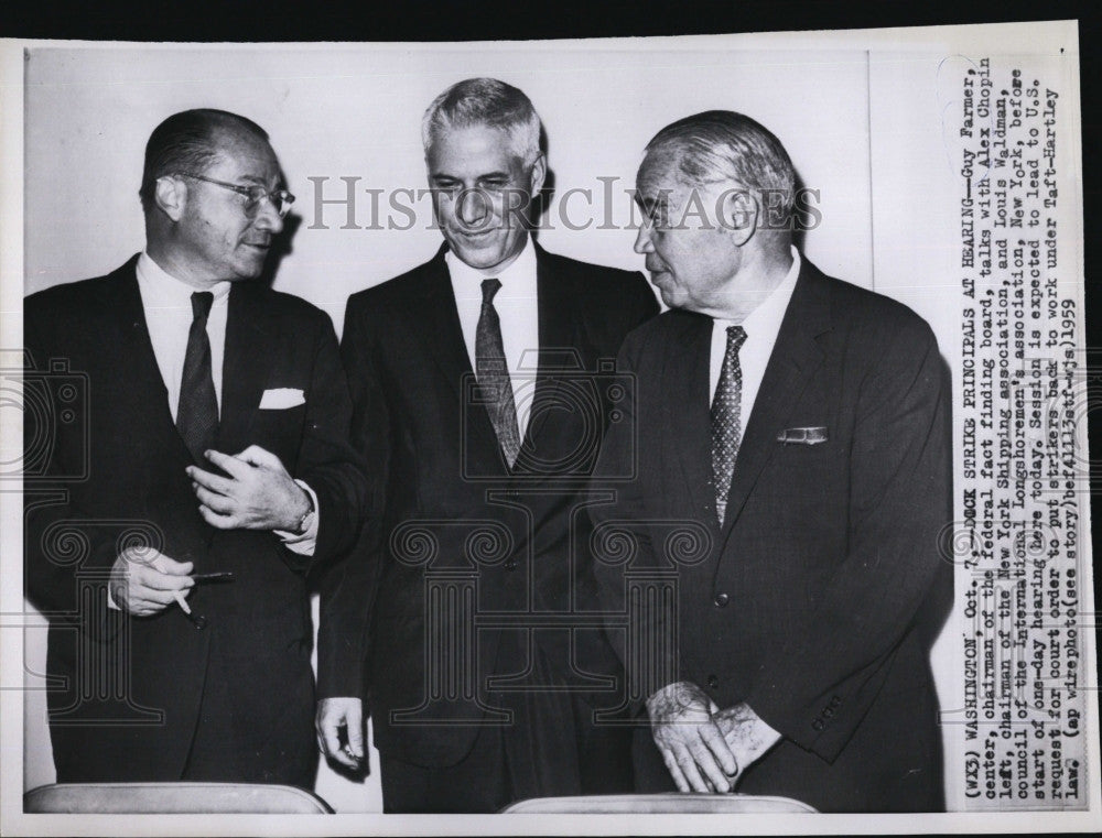 1959 Press Photo Guy Farmer, Alex Chopin, Louis Waldman at Dock Strike Hearing - Historic Images