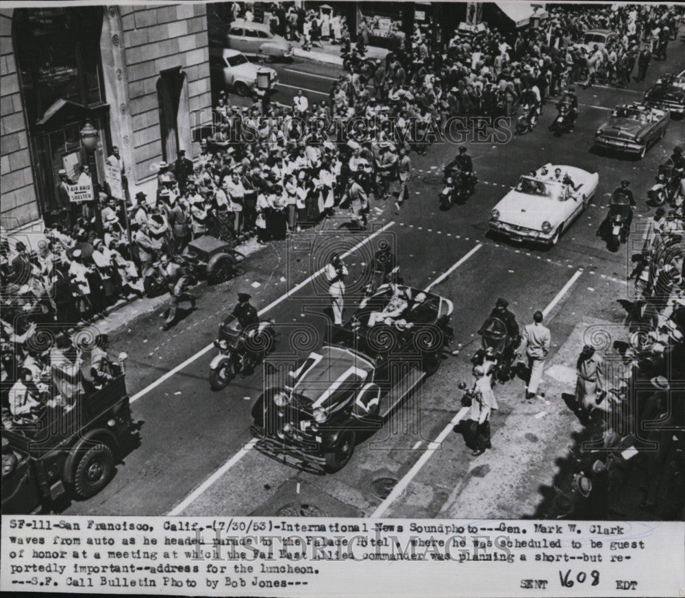 1953 Press Photo Gen Mark Clark Waves From Back Of Car During Parade - Historic Images