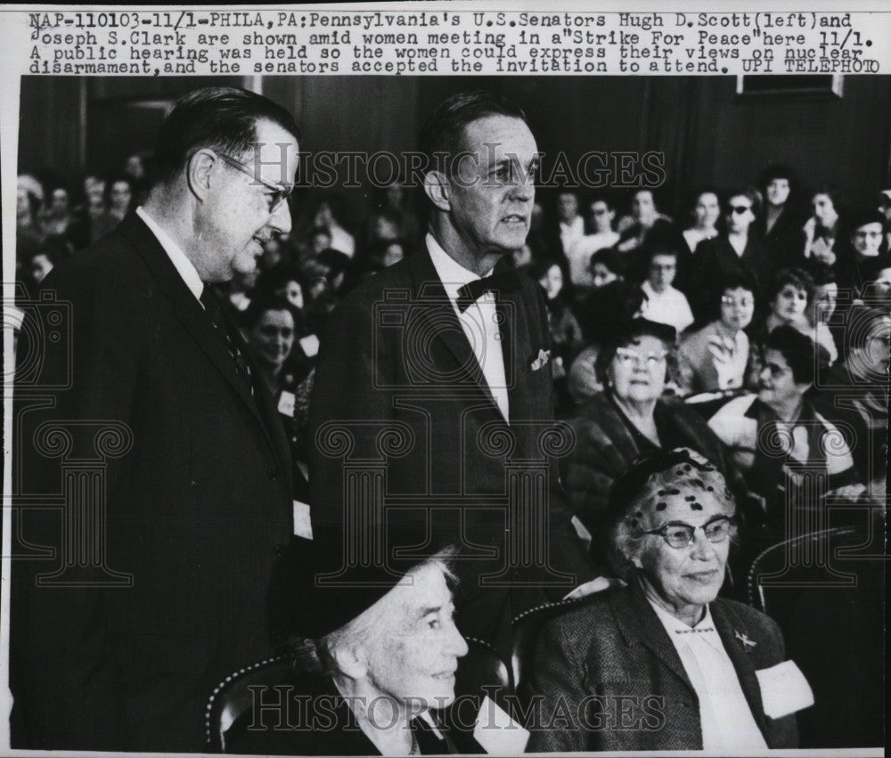 1961 Press Photo Pennsylvania Senators Hugh D. Scott, Joseph S. Clark - Historic Images