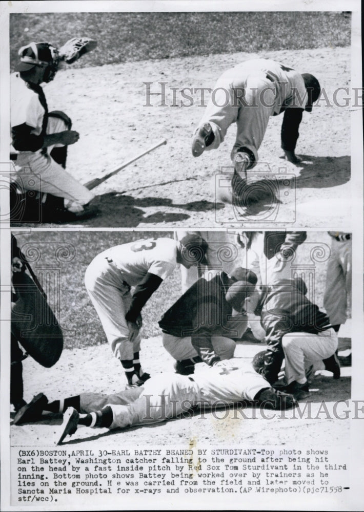 1958 Press Photo Earl Battey WAshington Catcher Red Sox Tom Sturdivant - Historic Images