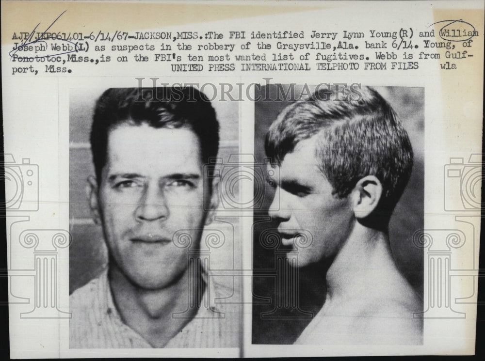 1967 Press Photo Jerry Lynn Young & William Joseph Webb FBI's 10 Most Wanted - Historic Images