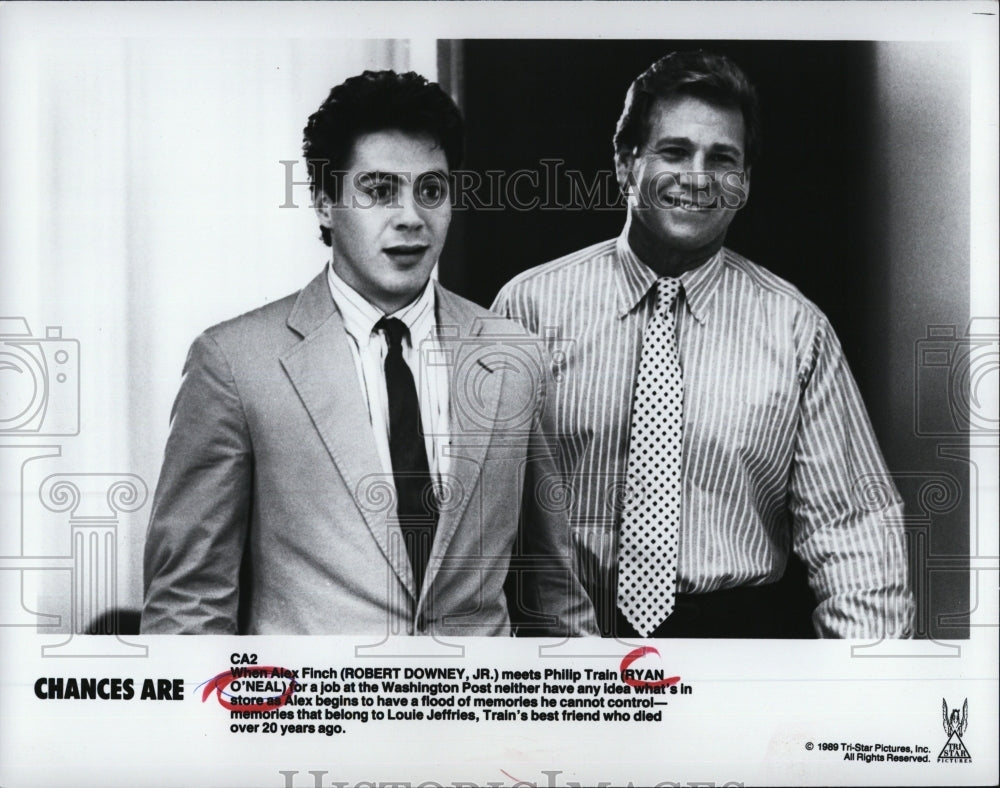 1989 Press Photo Ryan O&#39;Neal, Robert Downey, Jr. &quot;Chances Are&quot; - RSM00477 - Historic Images