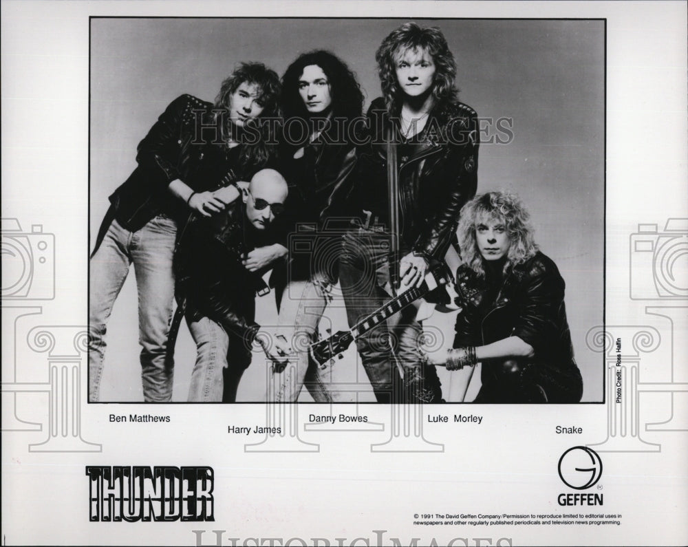 1991 Press Photo Band "Thunder" Matthews,James,Bowes,Morley, Snake on Geffen - Historic Images