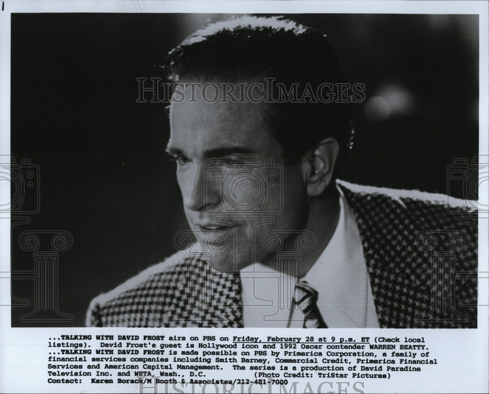 1992 Press Photo Actor Warren Beatty In &quot;Talking With David Frost&quot; - RSM02153 - Historic Images