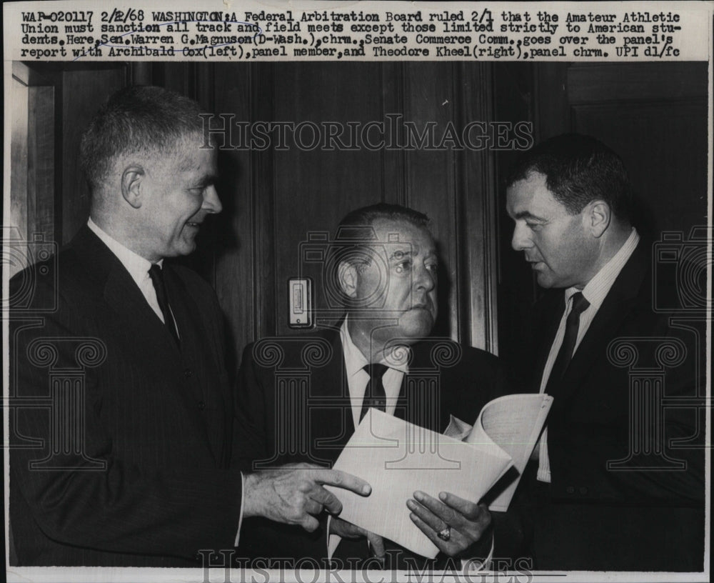 1968 Press Photo Sen. Warren Magnuson, Archibald Cox, Theodore Kheel - RSM03505 - Historic Images