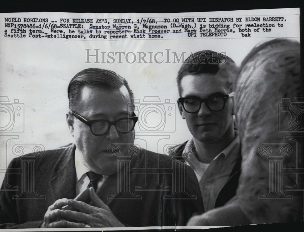 1968 Press Photo Sen. Warren Magnuson, reporters Rick Prosser, Mary Beth Morris - Historic Images