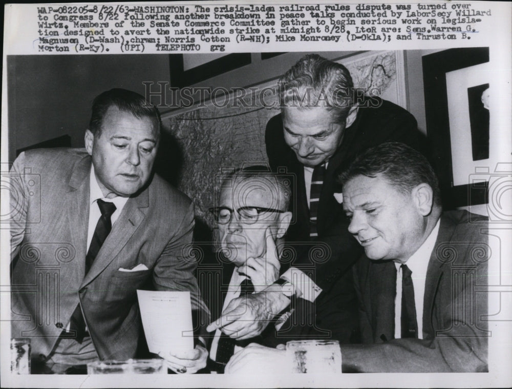 1963 Press Photo Sen. Warren Magnuson, Sen. N. Cotton, Sen. M. Monroney - Historic Images