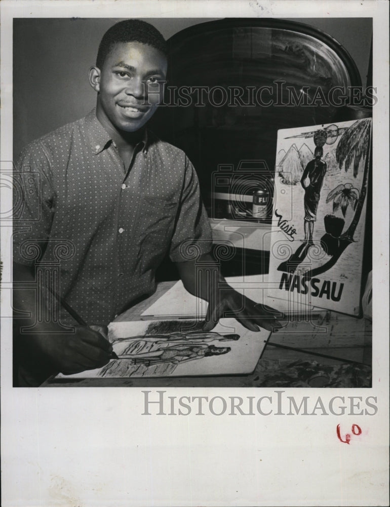 1959 Press Photo Cartoonist, Patrick Williams and some of his drawings - Historic Images