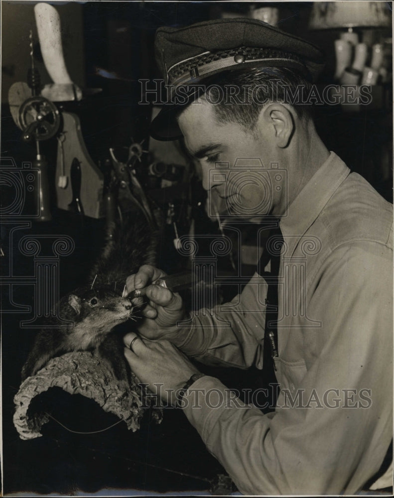 1947 Press Photo Tarpon Springs police Timmy Timmons & taxidermied animals - Historic Images