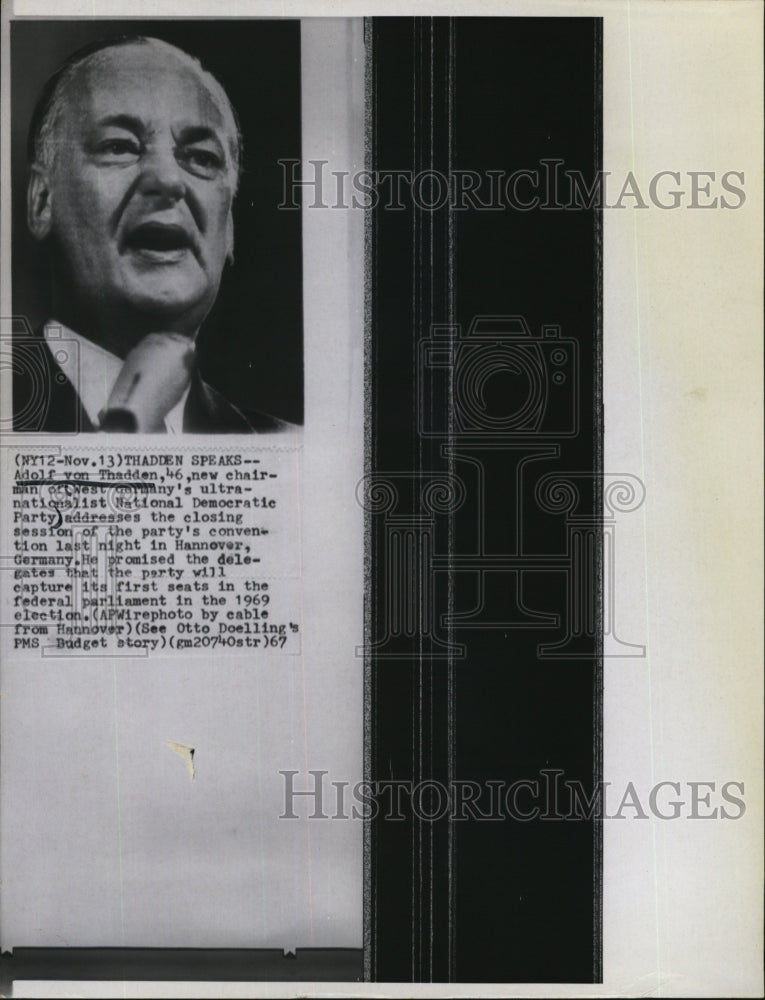 1967 Press Photo Adolf von Thadden, chair of W German Democratic Party - Historic Images