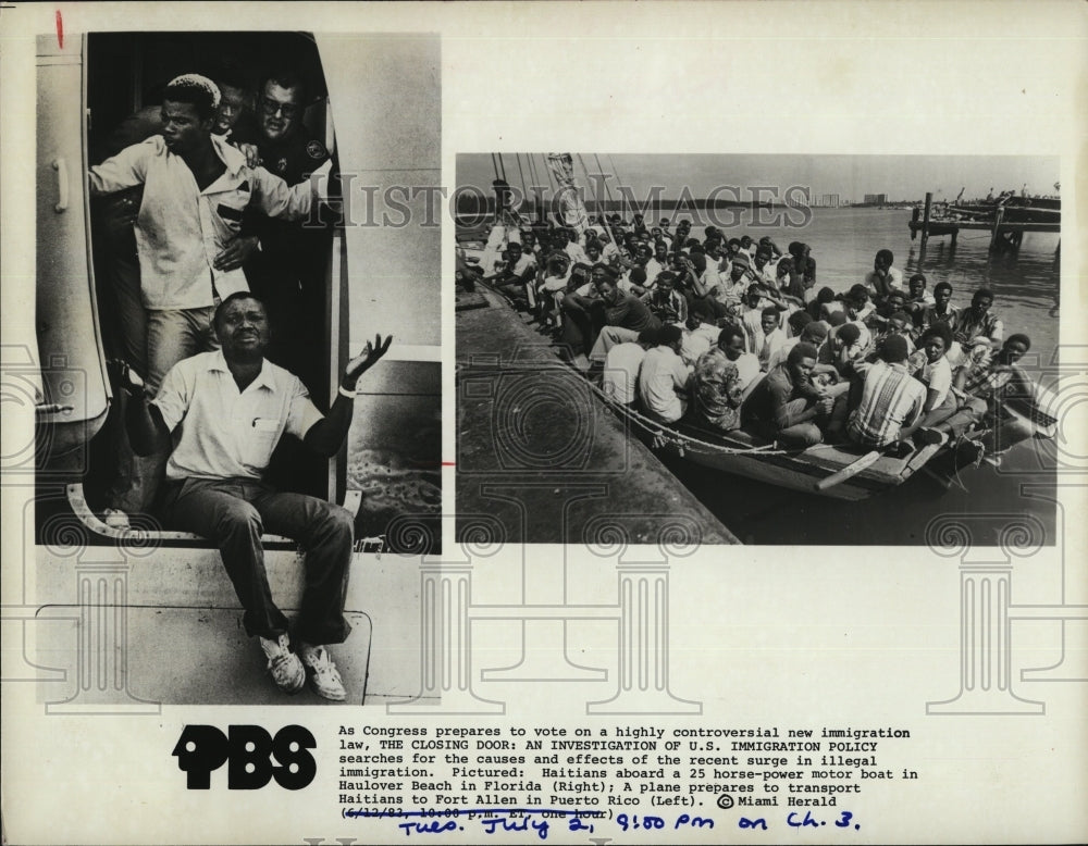 1985 Press Photo Haitians aboard a motor boat in Haulover Beach - Historic Images