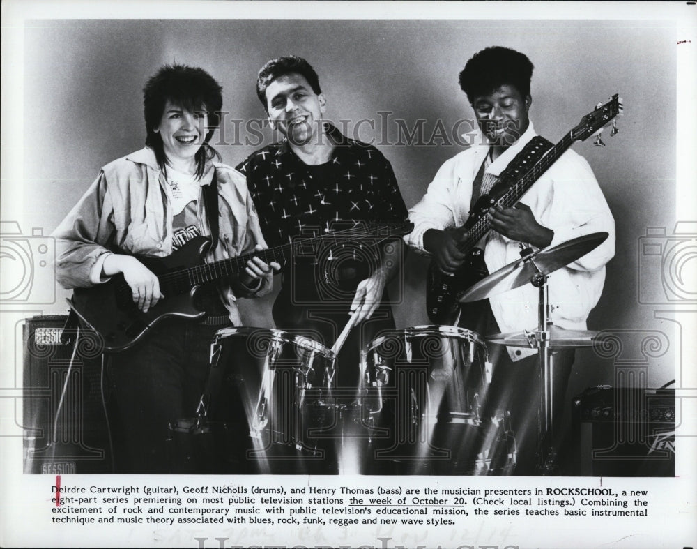 1985 Press Photo Deidre Cartwright, Geoff Nicholls, Henry Thomas, &quot;Rockschool&quot; - Historic Images