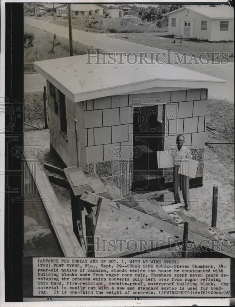 1961 Steven Chambers and his block house  from sugar cane pulp - Historic Images