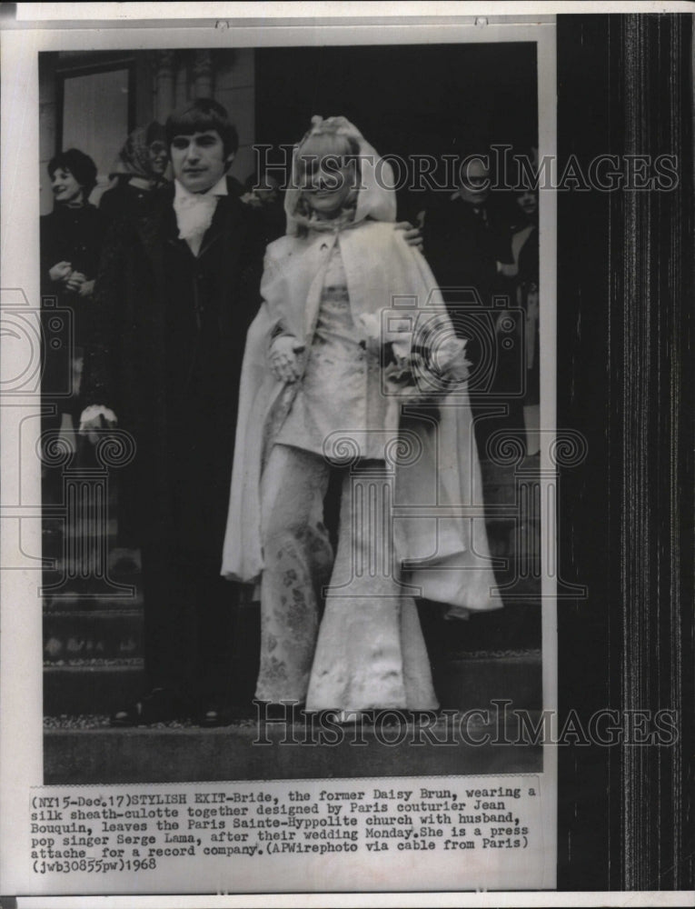 1968 Press Photo Daisy Brun in bridal suit by Jean Bouquin, weds Serge Lama - Historic Images