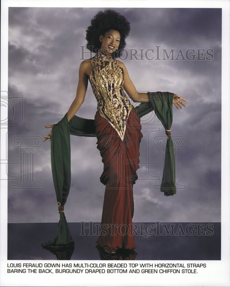 1999 Press Photo Multi-colored Beaded top and Chiffon stole by Louis Feraud. - Historic Images