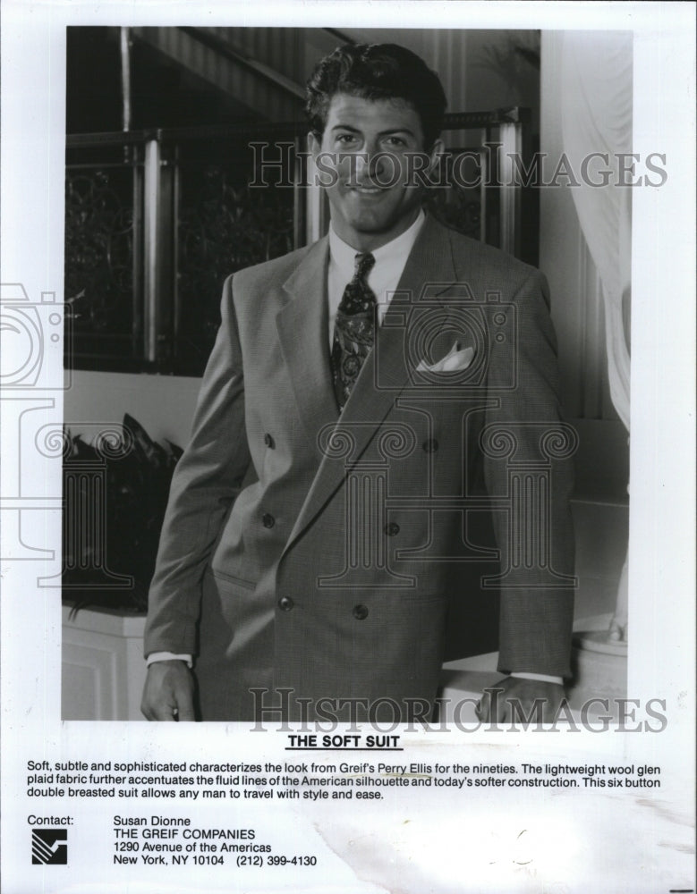 1991 Press Photo Six-Button Double Breasted Suit from Greif&#39;s Perry Ellis - Historic Images