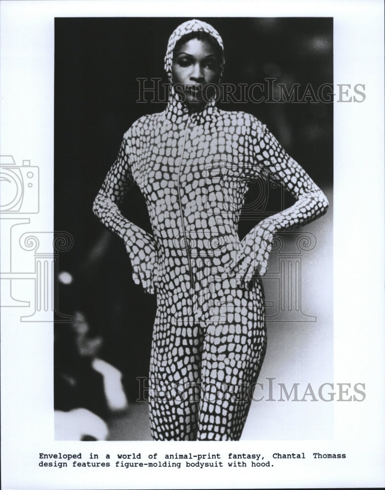 1993 Press Photo Animal print bodysuit with hood by Chantal Thomass. - RSM10841 - Historic Images