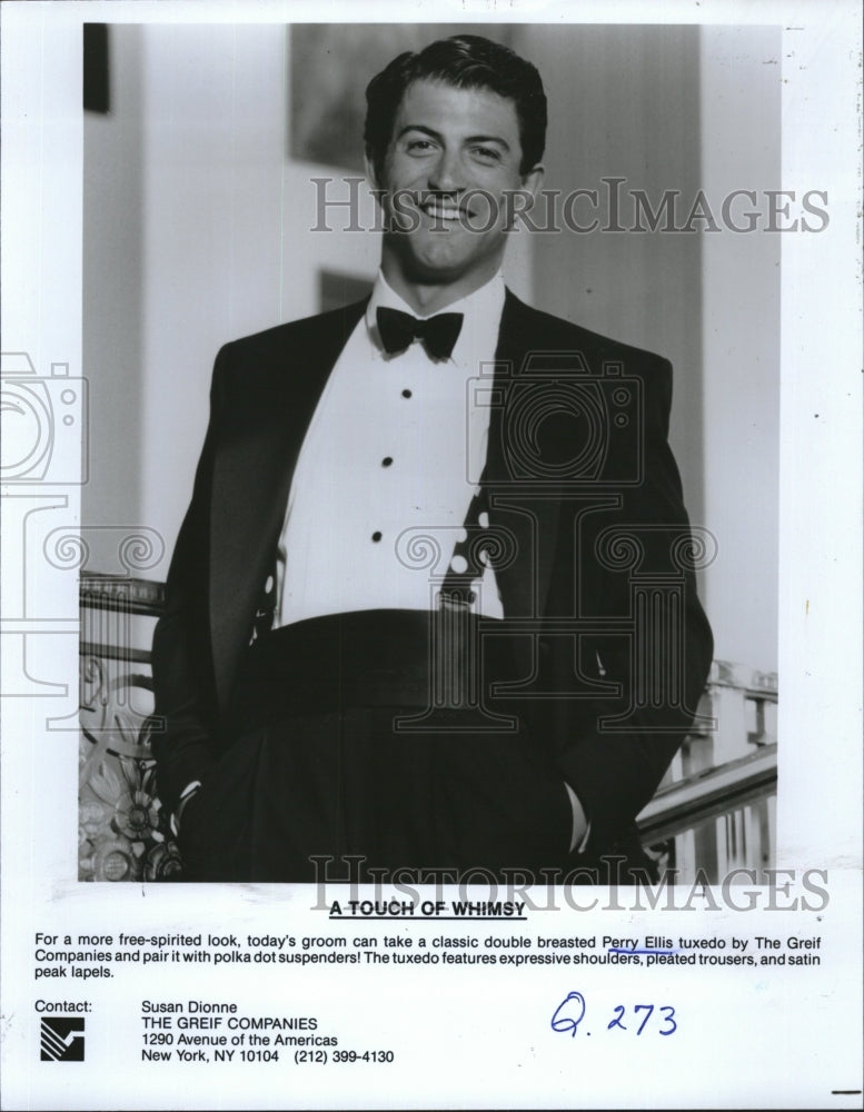 1990 Press Photo Classic double breasted Perry Ellis tuxedo - RSM10891 - Historic Images