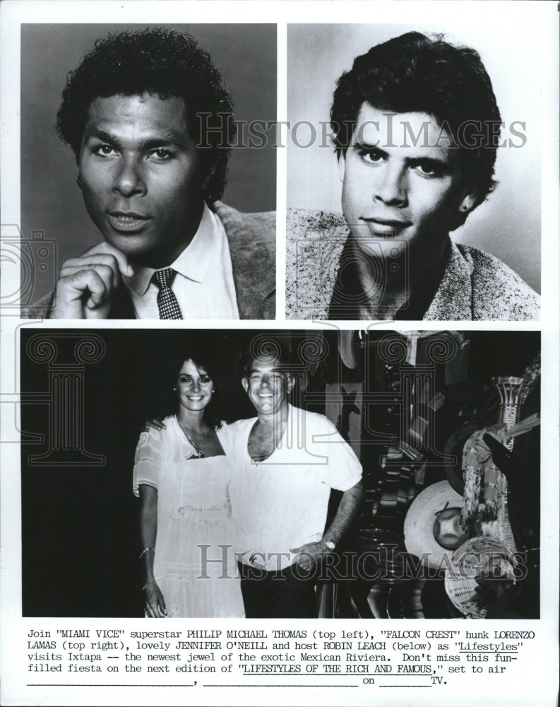 1986 Press Photo Philip Michael Thomas,Lorenzo Lamas,Jennifer O&#39;Neill,Lifestyles - Historic Images