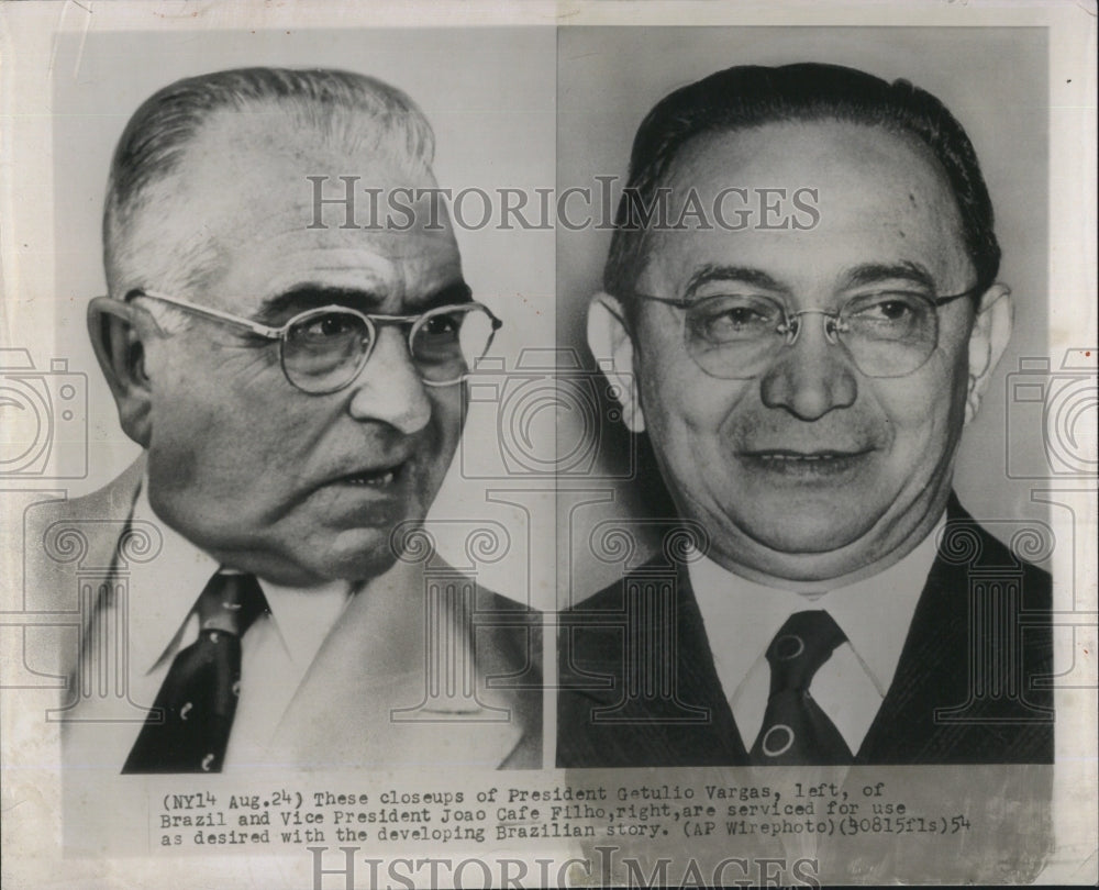 1954 Press Photo President Getulio Vargas of Brazil &amp; VP Joao Cafe Filho - Historic Images