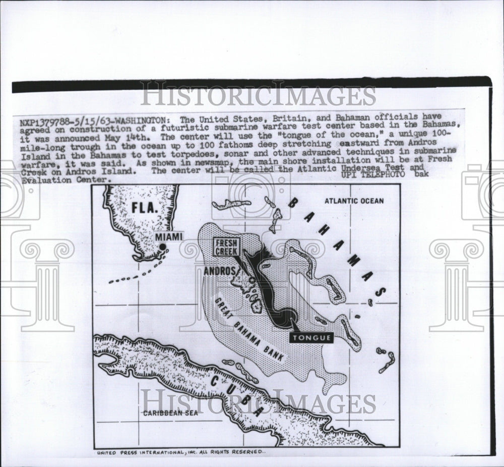 1963 Press Photo Site of the Futuristic Submarine Warfare Test Center in Bahamas - Historic Images