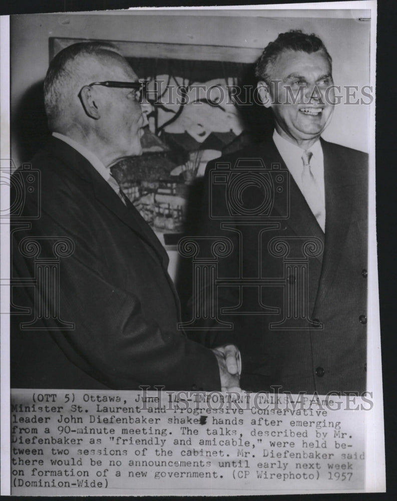 1957 Press Photo Prime Minister St. Laurent Conservative John Diefenbaker Canada - Historic Images