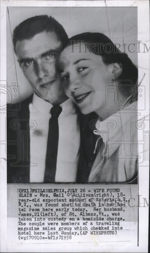 1958 Press Photo Mrs. Gail O&#39;Sullivan mother shot death hotel room husband James - Historic Images