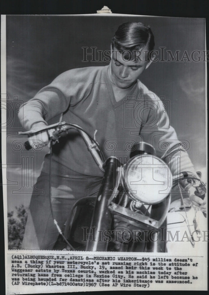 1967 Press Photo A.B. Bucky Wharten III heir Waggener estate machine motorcycle - Historic Images