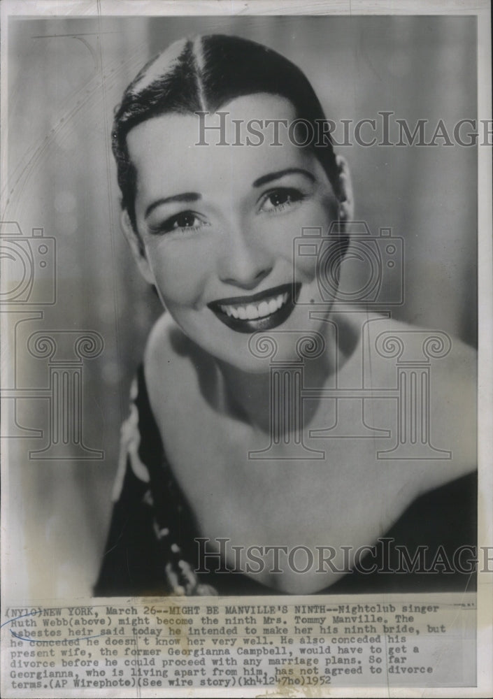 1952 Press Photo Nightclub singer Ruth Webb Mrs. Tommy Manville ninth asbestos - Historic Images