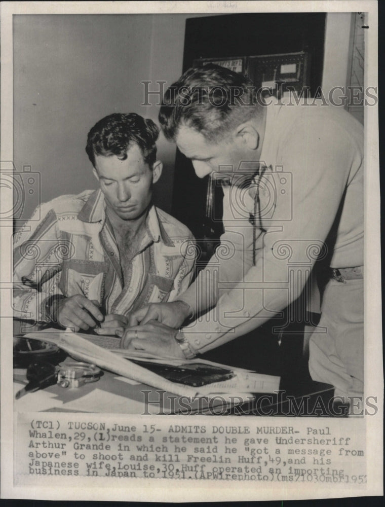 1957 Press Photo Paul Whalen statement message kill Freelin Huff Japanese wife - Historic Images