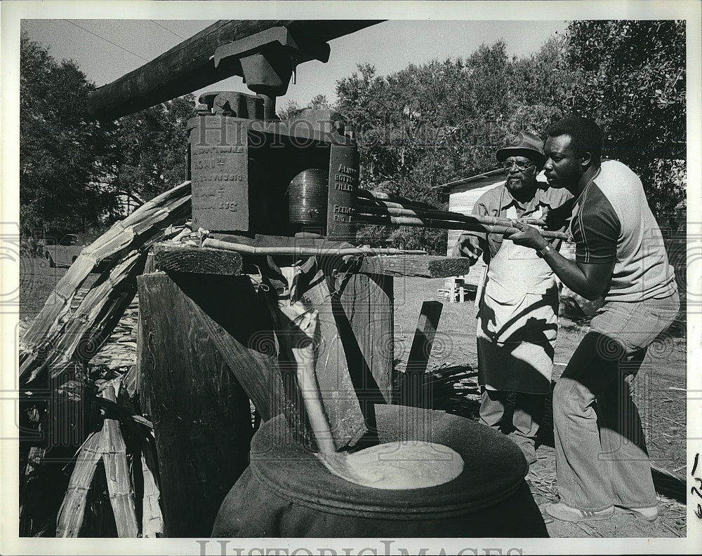 1979 Press Photo Boston Vickers and Albert Jones feeding sugar cane into grinder - Historic Images