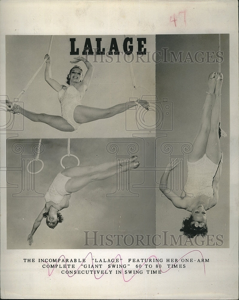 1958 Press Photo The incomparable Lalage on giant swin trapeze act - Historic Images